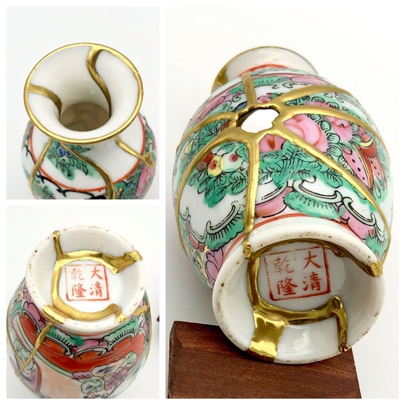 Chinese Famile Rose Kintsugi Vase Vintage Marked Gold Crack Japanese Growth Gift - Picture 13 of 14
